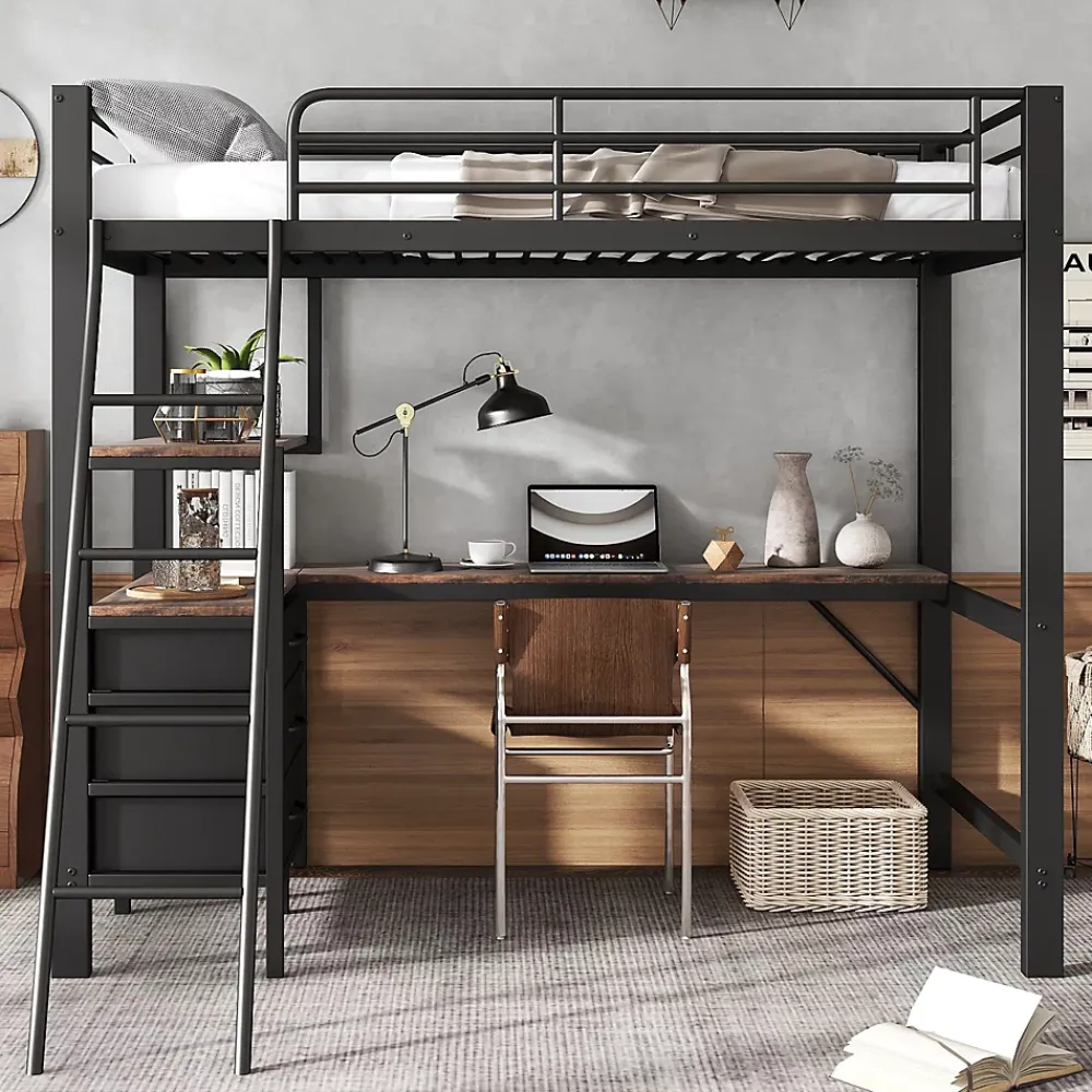 Okwish Lit Mezzanine 90x200 cm, Lit Ado en Métal avec Grand Bureau 2 m et 3 Tiroirs de Rangement, Style Industriel - Noir + Noyer Foncé* Lit Mezzanine