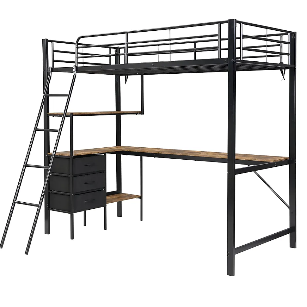 Okwish Lit Mezzanine 90x200 cm, Lit Ado en Métal avec Grand Bureau 2 m et 3 Tiroirs de Rangement, Style Industriel - Noir + Noyer Foncé* Lit Mezzanine
