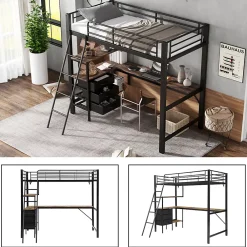 Okwish Lit Mezzanine 90x200 cm, Lit Ado en Métal avec Grand Bureau 2 m et 3 Tiroirs de Rangement, Style Industriel - Noir + Noyer Foncé* Lit Mezzanine
