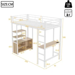 Okwish Lit Mezzanine 90x200 cm, Lit Ado en Métal avec Bureau et Prises USB, Rangements Ouverts Intégrés - Blanc* Lit Mezzanine