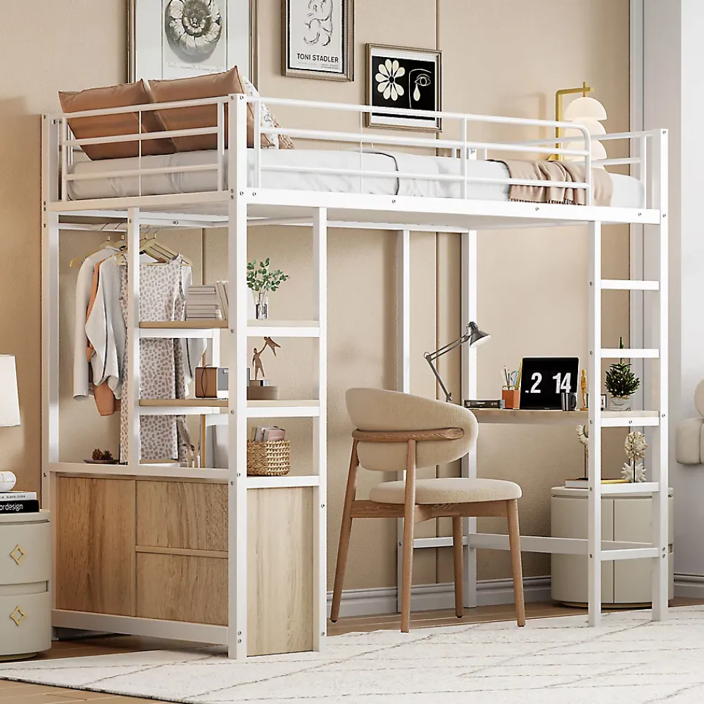 Okwish Lit Mezzanine 90x200 cm, Lit Ado en Métal avec Bureau et Prises USB, Rangements Ouverts Intégrés - Blanc* Lit Mezzanine