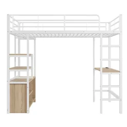 Okwish Lit Mezzanine 90x200 cm, Lit Ado en Métal avec Bureau et Prises USB, Rangements Ouverts Intégrés - Blanc* Lit Mezzanine