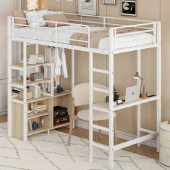 Okwish Lit Mezzanine 90x200 cm, Lit Ado en Métal avec Bureau et Prises USB, Rangements Ouverts Intégrés - Blanc* Lit Mezzanine