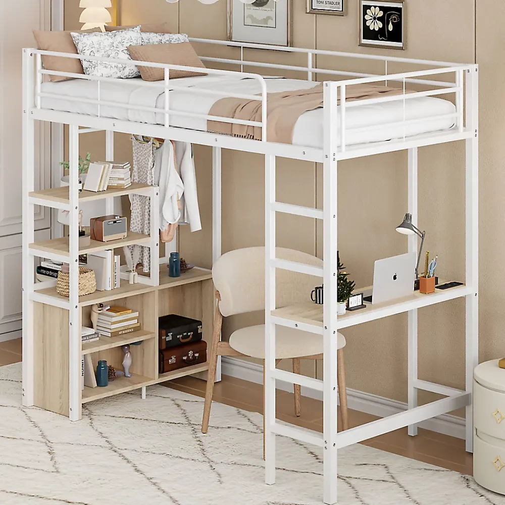 Okwish Lit Mezzanine 90x200 cm, Lit Ado en Métal avec Bureau et Prises USB, Rangements Ouverts Intégrés - Blanc* Lit Mezzanine