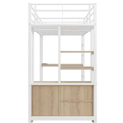 Okwish Lit Mezzanine 90x200 cm, Lit Ado en Métal avec Bureau et Prises USB, Rangements Ouverts Intégrés - Blanc* Lit Mezzanine