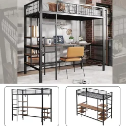 Okwish Lit Mezzanine 90x200 cm, Lit Ado en Métal avec Bureau et Étagères Intégrées, Style Industriel Gain de Place - Noir* Lit Mezzanine