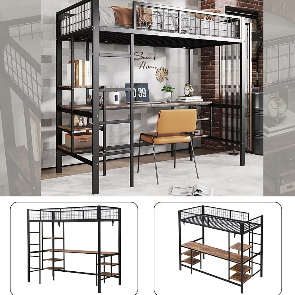 Okwish Lit Mezzanine 90x200 cm, Lit Ado en Métal avec Bureau et Étagères Intégrées, Style Industriel Gain de Place - Noir* Lit Mezzanine