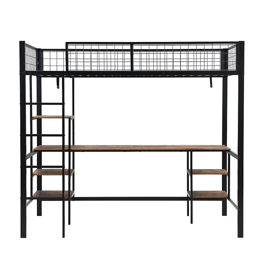 Okwish Lit Mezzanine 90x200 cm, Lit Ado en Métal avec Bureau et Étagères Intégrées, Style Industriel Gain de Place - Noir* Lit Mezzanine