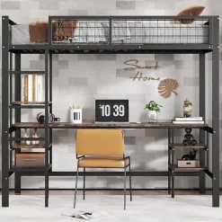 Okwish Lit Mezzanine 90x200 cm, Lit Ado en Métal avec Bureau et Étagères Intégrées, Style Industriel Gain de Place - Noir* Lit Mezzanine