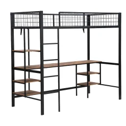 Okwish Lit Mezzanine 90x200 cm, Lit Ado en Métal avec Bureau et Étagères Intégrées, Style Industriel Gain de Place - Noir* Lit Mezzanine