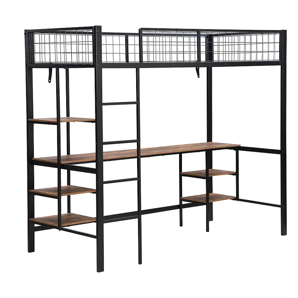 Okwish Lit Mezzanine 90x200 cm, Lit Ado en Métal avec Bureau et Étagères Intégrées, Style Industriel Gain de Place - Noir* Lit Mezzanine