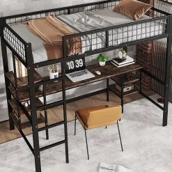 Okwish Lit Mezzanine 90x200 cm, Lit Ado en Métal avec Bureau et Étagères Intégrées, Style Industriel Gain de Place - Noir* Lit Mezzanine