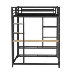Generique Lit Mezzanine 140x200 cm, Lit Double Ado avec Bureau Intégré et Échelle Sécurisée, Structure Métal et MDF, Sans Matelas - Noir* Lit Mezzanine