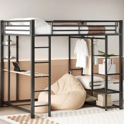 Generique Lit Mezzanine 140x200 cm, Lit Double Ado avec Bureau Intégré et Échelle Sécurisée, Structure Métal et MDF, Sans Matelas - Noir* Lit Mezzanine