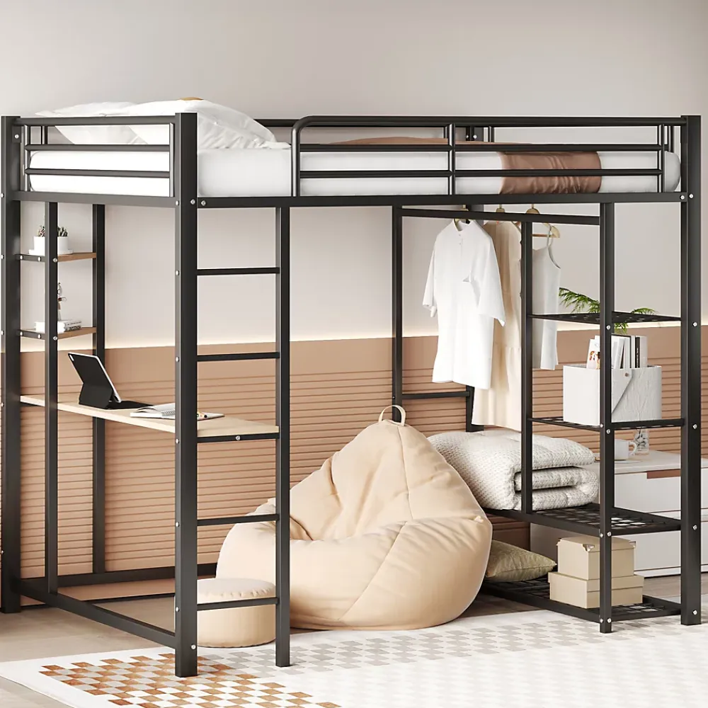 Generique Lit Mezzanine 140x200 cm, Lit Double Ado avec Bureau Intégré et Échelle Sécurisée, Structure Métal et MDF, Sans Matelas - Noir* Lit Mezzanine