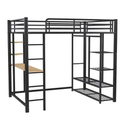 Generique Lit Mezzanine 140x200 cm, Lit Double Ado avec Bureau Intégré et Échelle Sécurisée, Structure Métal et MDF, Sans Matelas - Noir* Lit Mezzanine