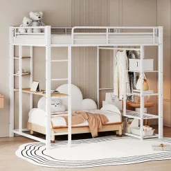 Okwish Lit Mezzanine 140x200 cm, Lit Double Ado avec Bureau Intégré et Échelle Sécurisée, Structure Métal et MDF, Sans Matelas - Blanc* Lit Mezzanine