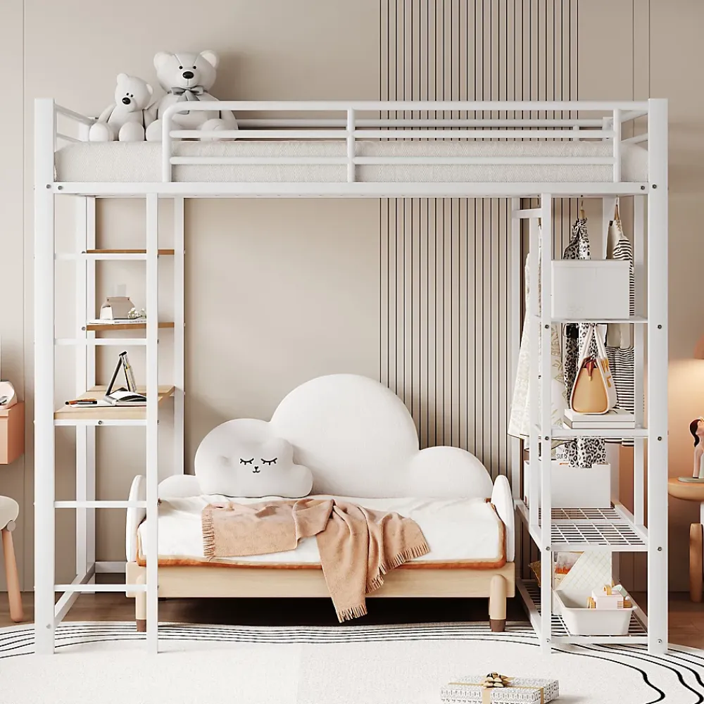 Okwish Lit Mezzanine 140x200 cm, Lit Double Ado avec Bureau Intégré et Échelle Sécurisée, Structure Métal et MDF, Sans Matelas - Blanc* Lit Mezzanine
