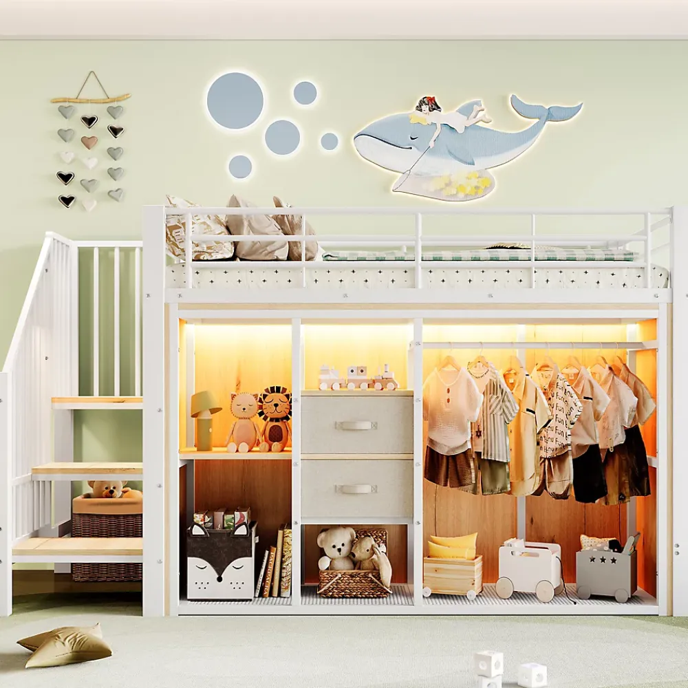 Okwish Lit Mezzanine 90x200 cm, Lit Enfant avec Éclairage LED, Armoire Ouverte, Escalier et Barre de Sécurité - Sans Matelas - Blanc* Lit Mezzanine