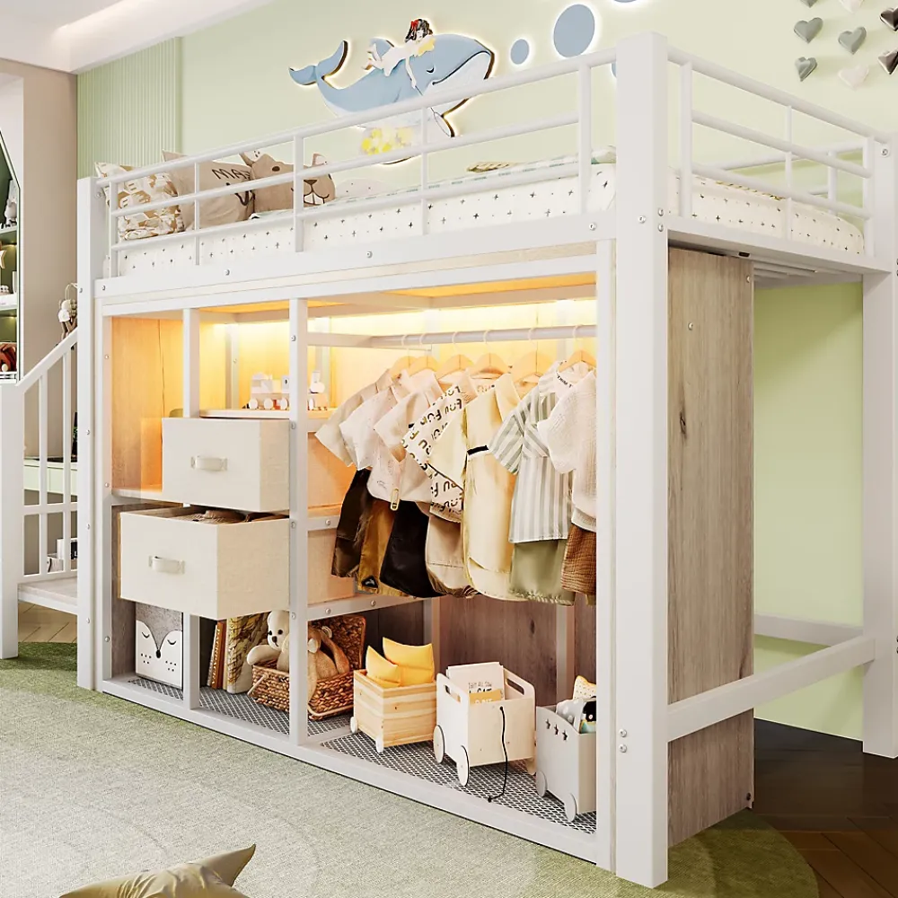 Okwish Lit Mezzanine 90x200 cm, Lit Enfant avec Éclairage LED, Armoire Ouverte, Escalier et Barre de Sécurité - Sans Matelas - Blanc* Lit Mezzanine