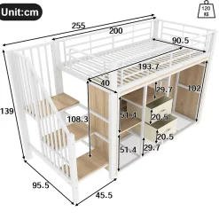 Okwish Lit Mezzanine 90x200 cm, Lit Enfant avec Éclairage LED, Armoire Ouverte, Escalier et Barre de Sécurité - Sans Matelas - Blanc* Lit Mezzanine