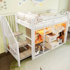 Okwish Lit Mezzanine 90x200 cm, Lit Enfant avec Éclairage LED, Armoire Ouverte, Escalier et Barre de Sécurité - Sans Matelas - Blanc* Lit Mezzanine