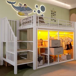 Okwish Lit Mezzanine 90x200 cm, Lit Enfant avec Éclairage LED, Armoire Ouverte, Escalier et Barre de Sécurité - Sans Matelas - Blanc* Lit Mezzanine