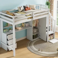 Okwish Lit Mezzanine 90x200 cm, Lit Enfant avec Bureau et Armoire, Escalier Rangement et Tiroirs, en MDF, Blanc - sans Matelas* Lit Mezzanine