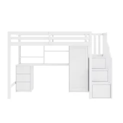 Okwish Lit Mezzanine 90x200 cm, Lit Enfant avec Bureau et Armoire, Escalier Rangement et Tiroirs, en MDF, Blanc - sans Matelas* Lit Mezzanine