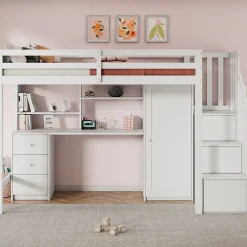Okwish Lit Mezzanine 90x200 cm, Lit Enfant avec Bureau et Armoire, Escalier Rangement et Tiroirs, en MDF, Blanc - sans Matelas* Lit Mezzanine