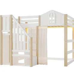 Okwish Lit Mezzanine 140x200 cm, Lit Enfant et Ado, avec LED et Échelle Rangement, Pin et MDF, sans Matelas - Blanc et Naturel* Lit Mezzanine