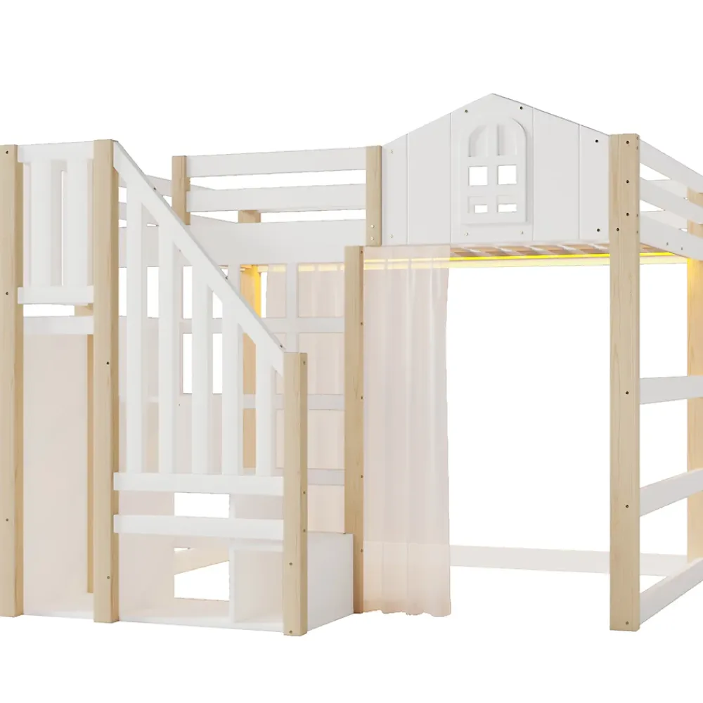 Okwish Lit Mezzanine 140x200 cm, Lit Enfant et Ado, avec LED et Échelle Rangement, Pin et MDF, sans Matelas - Blanc et Naturel* Lit Mezzanine