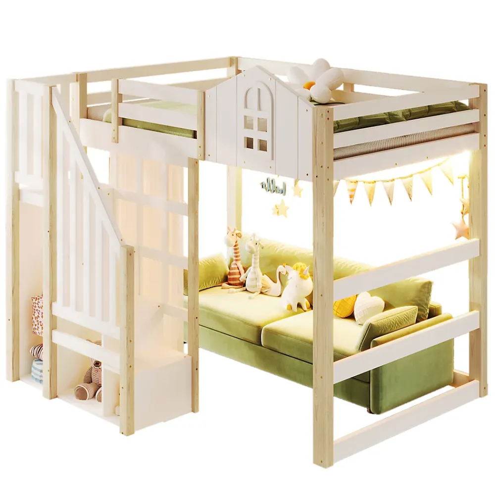 Okwish Lit Mezzanine 140x200 cm, Lit Enfant et Ado, avec LED et Échelle Rangement, Pin et MDF, sans Matelas - Blanc et Naturel* Lit Mezzanine