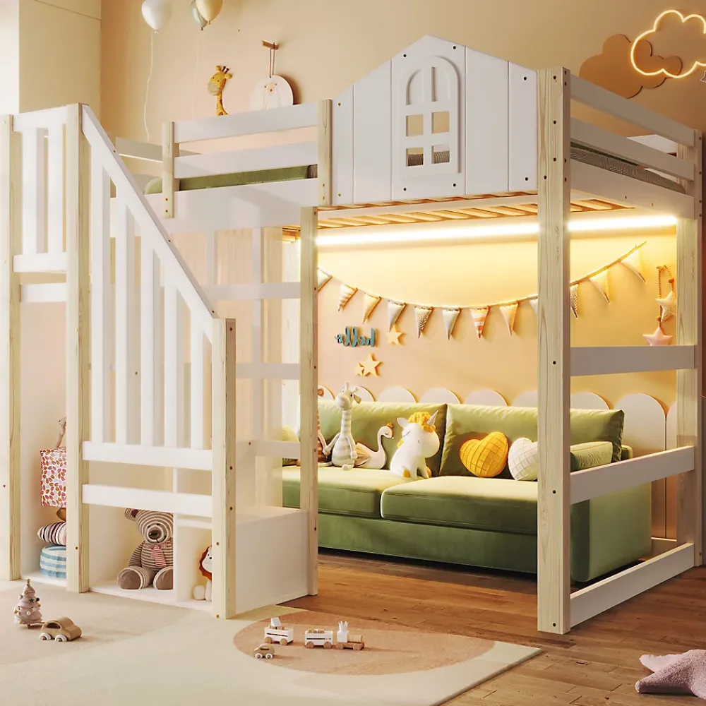 Okwish Lit Mezzanine 140x200 cm, Lit Enfant et Ado, avec LED et Échelle Rangement, Pin et MDF, sans Matelas - Blanc et Naturel* Lit Mezzanine