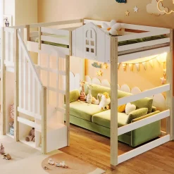 Okwish Lit Mezzanine 140x200 cm, Lit Enfant et Ado, avec LED et Échelle Rangement, Pin et MDF, sans Matelas - Blanc et Naturel* Lit Mezzanine