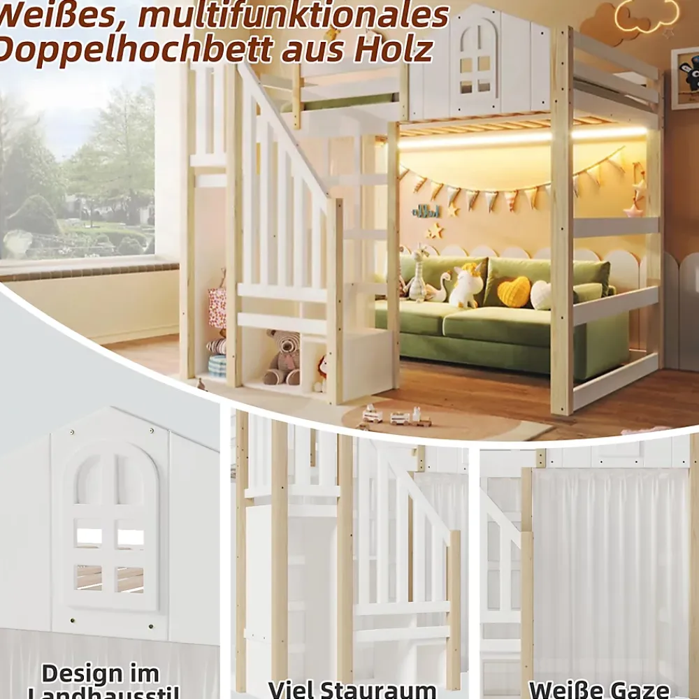 Okwish Lit Mezzanine 140x200 cm, Lit Enfant et Ado, avec LED et Échelle Rangement, Pin et MDF, sans Matelas - Blanc et Naturel* Lit Mezzanine