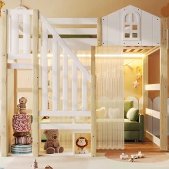 Okwish Lit Mezzanine 140x200 cm, Lit Enfant et Ado, avec LED et Échelle Rangement, Pin et MDF, sans Matelas - Blanc et Naturel* Lit Mezzanine