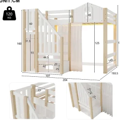 Okwish Lit Mezzanine 140x200 cm, Lit Enfant et Ado, avec LED et Échelle Rangement, Pin et MDF, sans Matelas - Blanc et Naturel* Lit Mezzanine