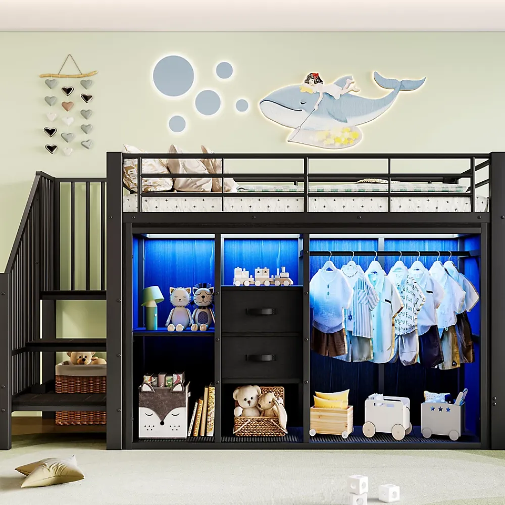 Okwish Lit Mezzanine 90x200 cm, Lit Enfant Simple avec LED et 2 Tiroirs, Armoire Ouverte, Métal MDF, Sans Matelas, Noir* Lit Mezzanine