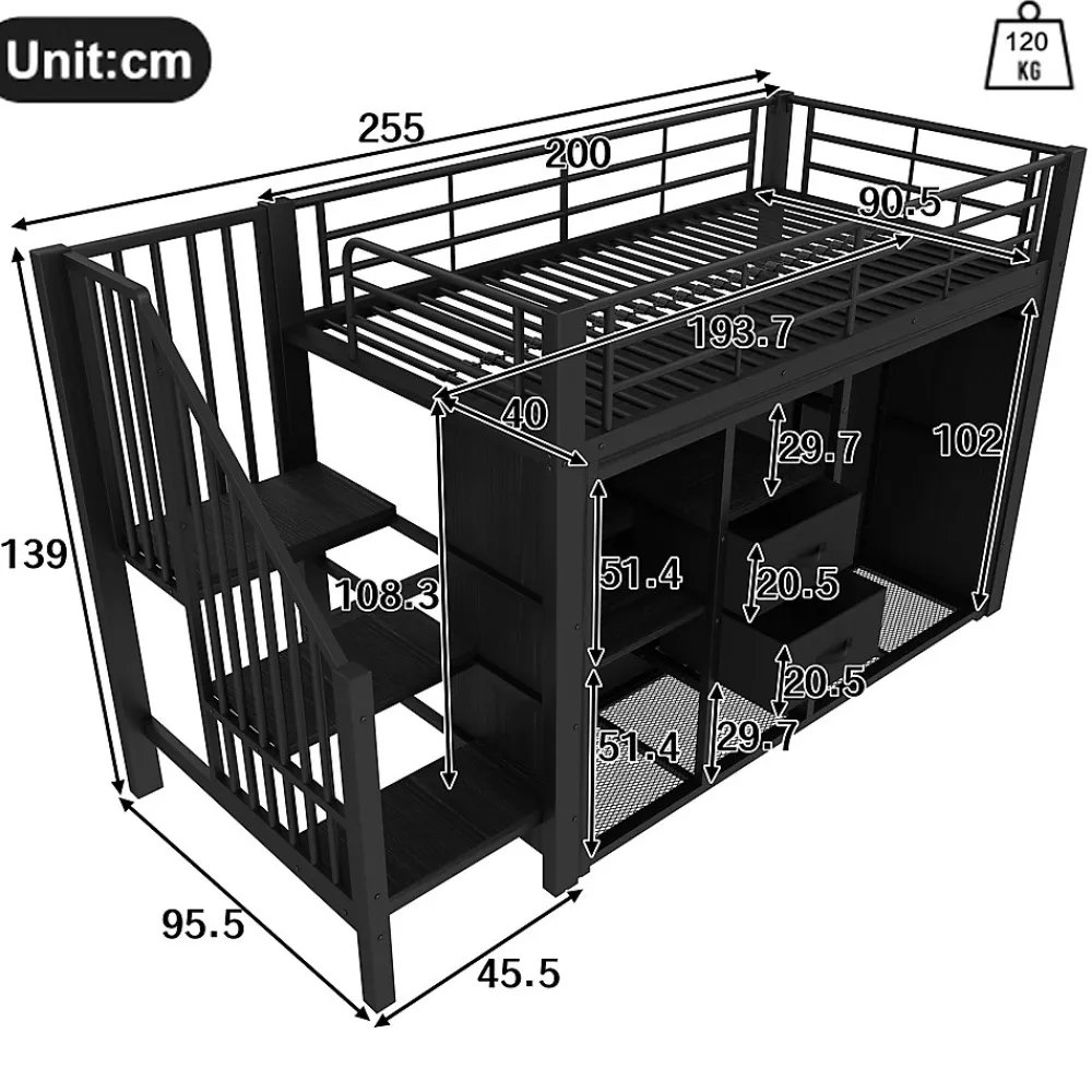 Okwish Lit Mezzanine 90x200 cm, Lit Enfant Simple avec LED et 2 Tiroirs, Armoire Ouverte, Métal MDF, Sans Matelas, Noir* Lit Mezzanine