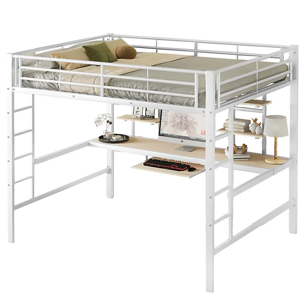 Okwish Lit mezzanine 140x200 cm, Lit enfant/ado avec bureau et 2 étagères - Métal + MDF - Sans matelas - Blanc* Lit Mezzanine