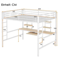 Okwish Lit mezzanine 140x200 cm, Lit enfant/ado avec bureau et 2 étagères - Métal + MDF - Sans matelas - Blanc* Lit Mezzanine
