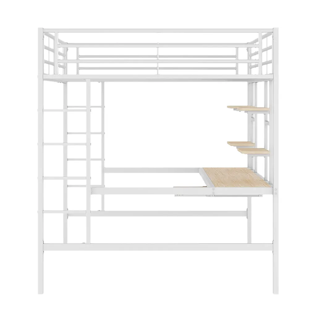 Okwish Lit mezzanine 140x200 cm, Lit enfant/ado avec bureau et 2 étagères - Métal + MDF - Sans matelas - Blanc* Lit Mezzanine