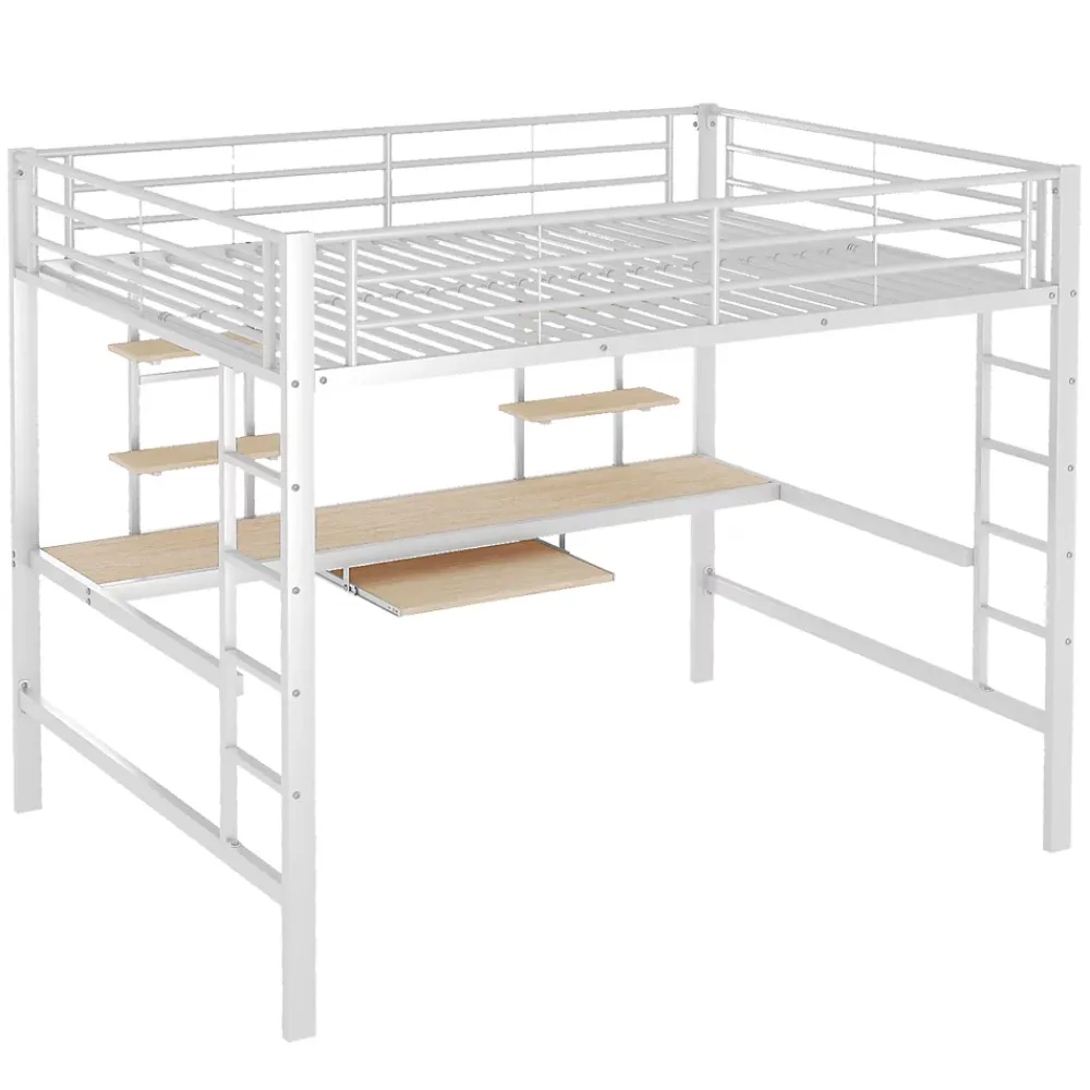 Okwish Lit mezzanine 140x200 cm, Lit enfant/ado avec bureau et 2 étagères - Métal + MDF - Sans matelas - Blanc* Lit Mezzanine
