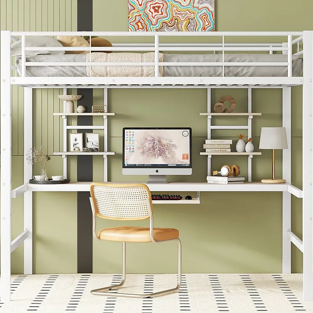 Okwish Lit mezzanine 140x200 cm, Lit enfant/ado avec bureau et 2 étagères - Métal + MDF - Sans matelas - Blanc* Lit Mezzanine