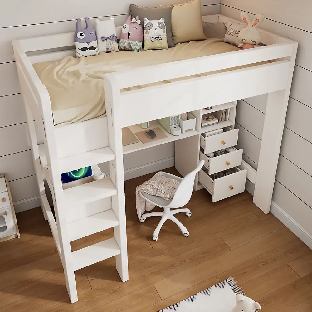 Okwish Lit mezzanine 90x200 cm, lit simple avec bureau en L, rangements et tiroirs, échelle, MDF/bois massif, blanc, sans matelas* Lit Mezzanine