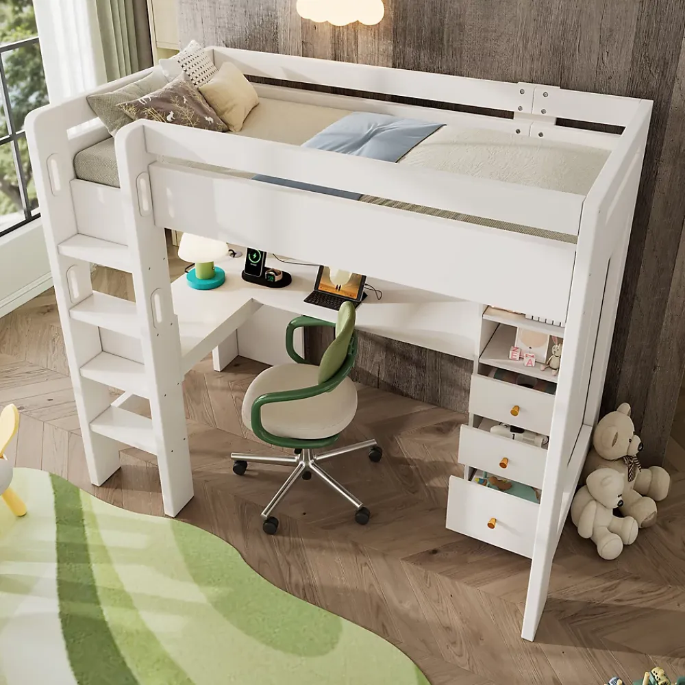 Okwish Lit mezzanine 90x200 cm, lit simple avec bureau en L, rangements et tiroirs, échelle, MDF/bois massif, blanc, sans matelas* Lit Mezzanine