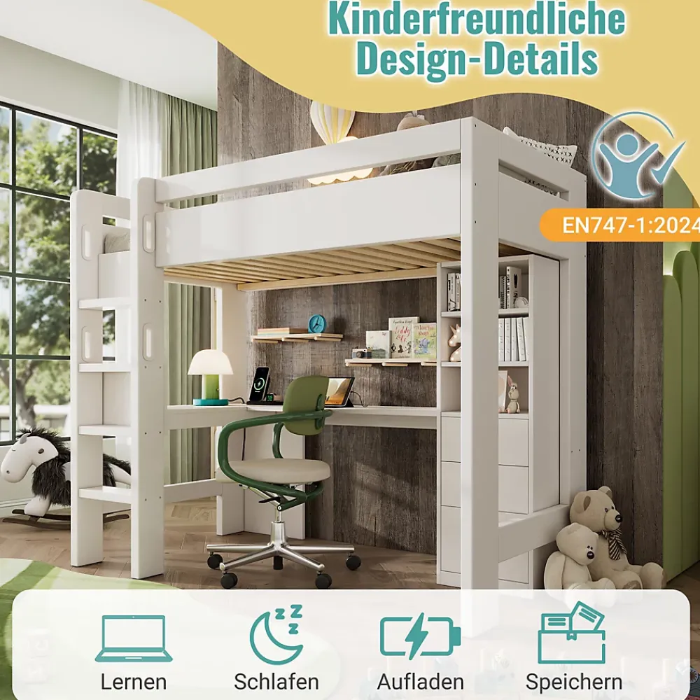 Okwish Lit mezzanine 90x200 cm, lit simple avec bureau en L, rangements et tiroirs, échelle, MDF/bois massif, blanc, sans matelas* Lit Mezzanine