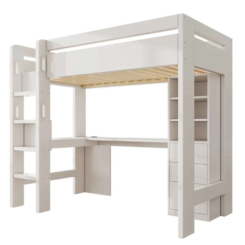 Okwish Lit mezzanine 90x200 cm, lit simple avec bureau en L, rangements et tiroirs, échelle, MDF/bois massif, blanc, sans matelas* Lit Mezzanine