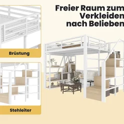 Okwish Lit Mezzanine 140x200 cm Métal Blanc avec Éclairage LED, Escalier Intégré et Garde-Corps, Lit Ado ou Adulte* Lit Mezzanine